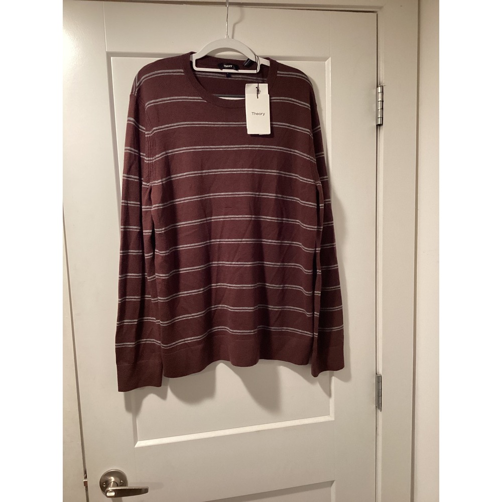 Theory Mens Riland PS‎ Harman Merino Wool Stripe Sweater Chianti Grey L